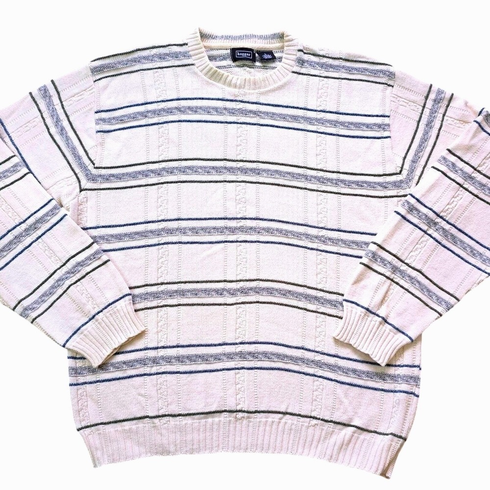 Haggar Men's Size L Striped Sweater Natural‎ Cotton Blend Crewneck Knit Vintage